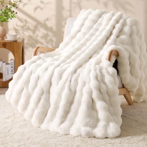 BEDELITE Faux Fur Throw Bubble Blanket for Couch, 60" x 80", Cream