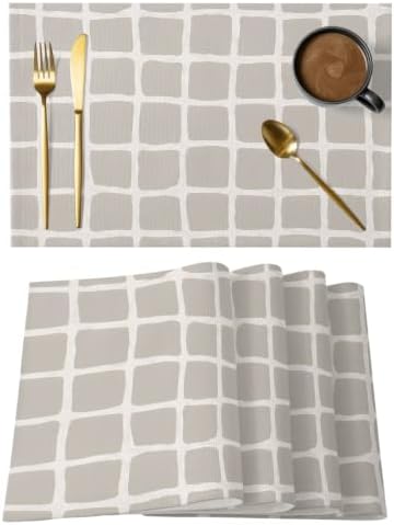Taupe Gray Grid Placemats Set of 8, Cotton Linen Fabric Place Mats