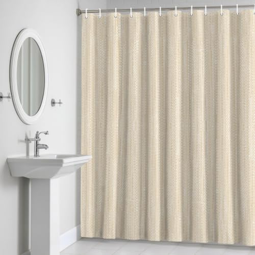 QueenKer Beige Linen Texture Shower Curtain Vintage Solid Color