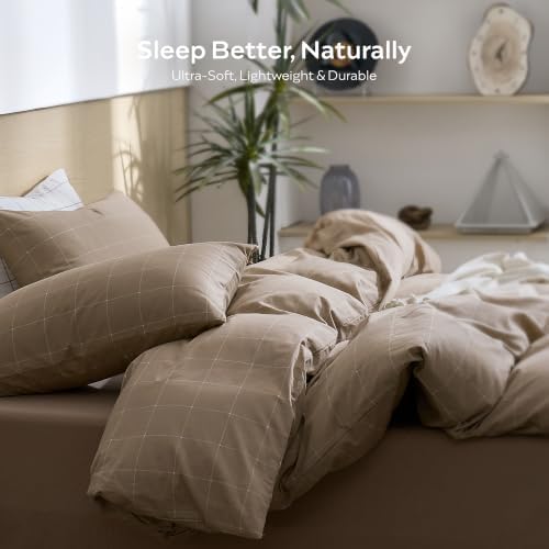 JELLYMONI 100% Cotton Plaid Queen Duvet Cover Set, Tan