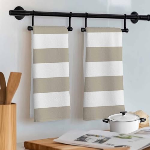 Beige and Kitchen Towels Set of 3, 18x26 Inch, White Stripe Soft