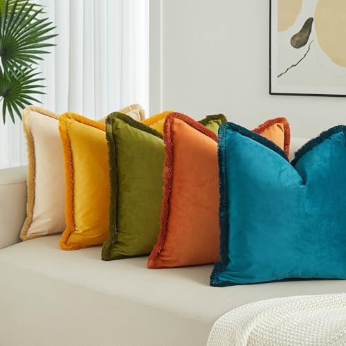 JUSPURBET Olive Green Decorative Velvet Fringe Throw Pillow Covers