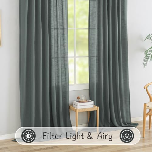 Charcoal Grey Linen Back Tab Curtains 84 Inch Length for Living Room