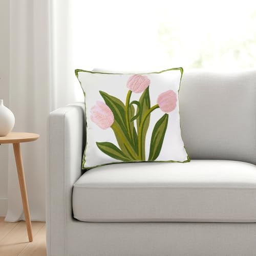 Embroidered Boho Floral Pillow Covers 18x18 Set of 2 Pink
