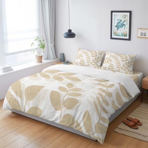 Beige Leaves King 4 Piece Duvet Cover Set, Summer Farmhouse Botanical
