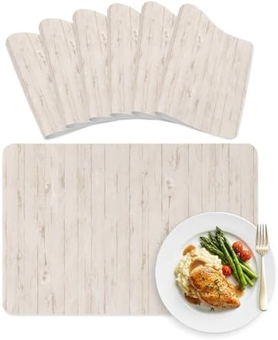 Soft Taupe Wood Planks Faux Leather Placemats Set of 6, 12x18in