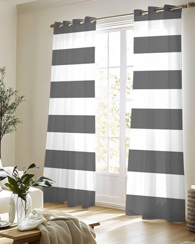 Grey Stripes Sheer Curtains 63 Inch Length Grommet Semi Sheer Drapes