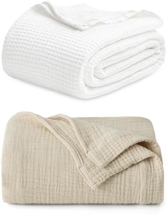 Bedsure Bundle of 1 Muslin Blanket King & 1 Cotton Waffle Blanket King