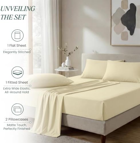BlissBay 100% Egyptian Cotton Percale Sheet Set Twin Ivory 4 Piece