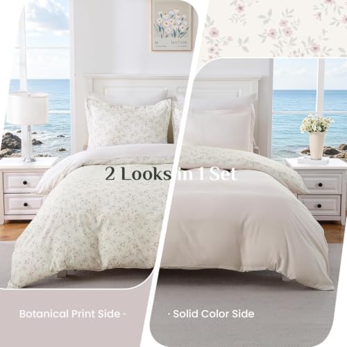 JOLLYVOGUE Floral Duvet Cover Queen, 3Pcs Reversible Beige Duvet Cover