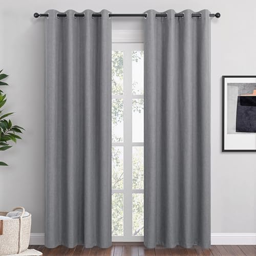 Dark Grey Linen Blackout Curtains 84 Inch Length 2 Panels Set for