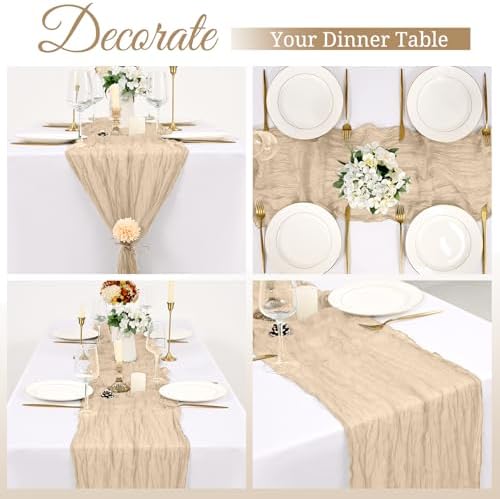 8 Pack Beige Cheesecloth Table Runners, 17 x 108 Inches Boho Wedding