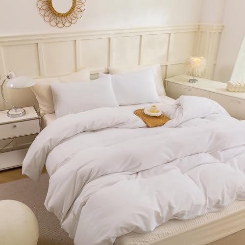 ECOCOTT Cotton 3 Pcs Duvet Cover Set Linen Feel Off White Queen Size