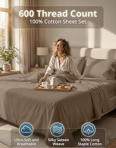 600TC 100% Cotton Full Size Sheet Sets - Silky Smooth Sateen Weave
