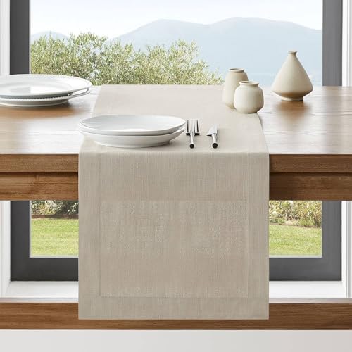 ZeeMart Linen Textured Border Table Runner, 14 x 90 Inch Natural