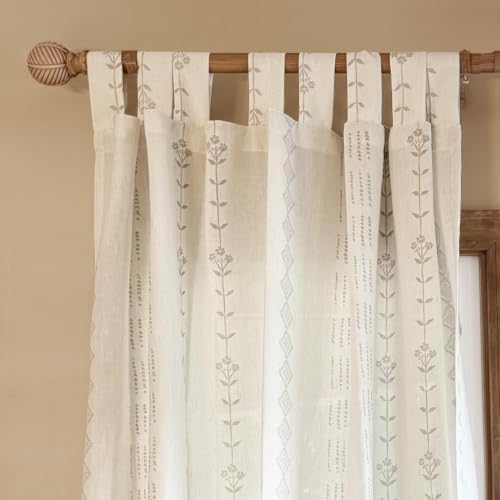 Tab Top Farmhouse Cream Cottage Core Patterned Linen Curtains 84 Inch