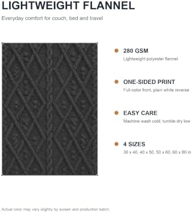 Charcoal Cable Knit Pattern Print Throw Blanket, Soft Lightweight
