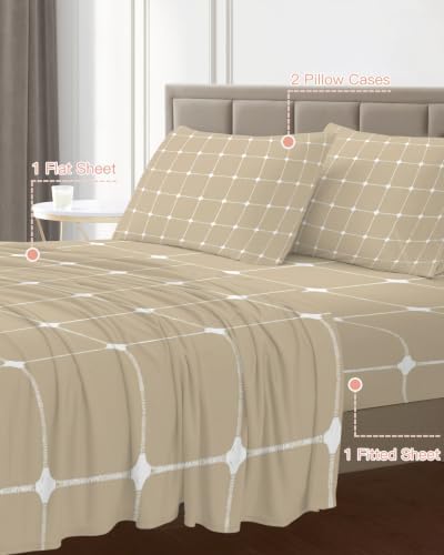 Queen Size Sheet Set 4 Pieces White Dots Grid Lines Fitted Sheets with