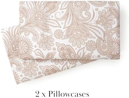 Pillow Cases Set of 2 Queen Size Floral White with Taupe 20 x 30