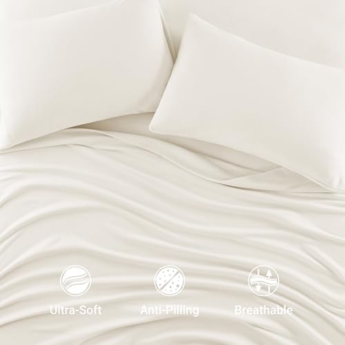 Sleep Philosophy Micro Fleece Sheets Full Size Bed Set 4 Piece, Ivory
