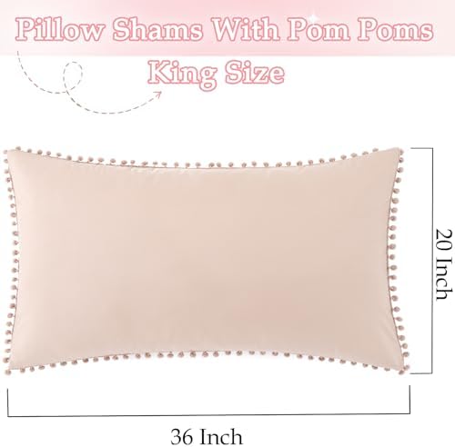 Pom Poms Pillow Shams King Size Set of 2, Taupe Decorative Pillowcases