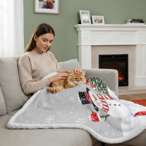 Winter Snowman Sherpa Fleece Blanket Neutral Christmas Tree Red