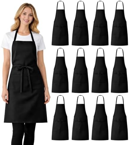 12 Pack Aprons Bulk with Pockets, Unisex Apron with Extra Long Ties