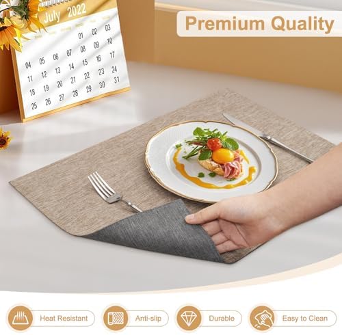 6 Pack Dual Layer Placemats for Dining Table - 19x13 Inch Linen-Like