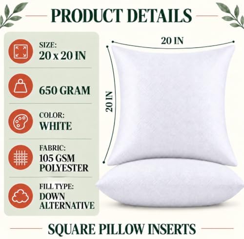 20x20 Pillow Insert(Set of 2) Soft & Fluffy Decorative Down