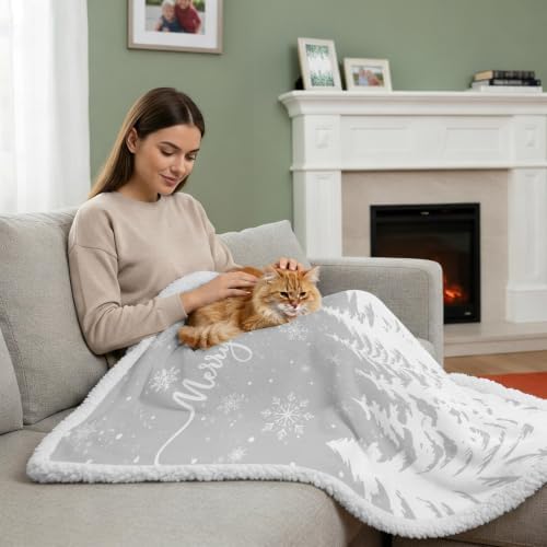 Christmas Tree Sherpa Fleece Blanket White Pines Tree Silhouette