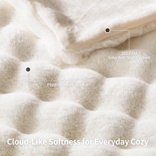 IFNOW Cozy Faux Rabbit Fur Bubble Blanket King Size,Cream,108"x90"