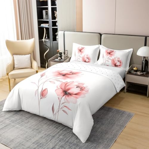 Blush and Grey Flower 100% Cotton Duvet Cover Set Queen