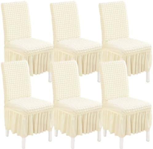 6 Pack Stretch Elastic Dining Chair Covers with Skirt, Washable, Ivory