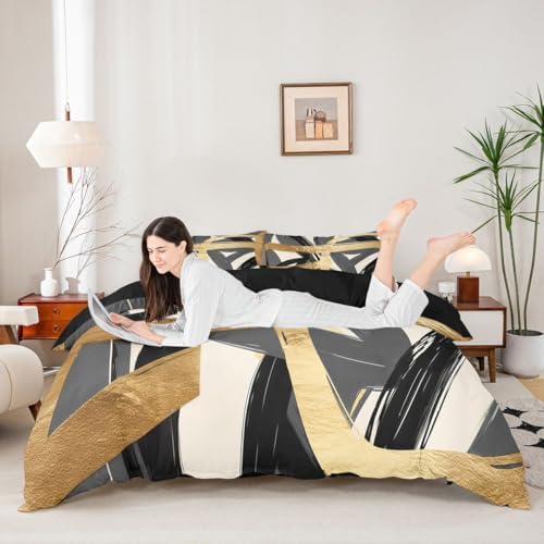 Feelyou Black Gray Gold Duvet Cover King Size Abstract Bedding Set for
