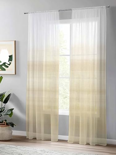 Beige and White Sheer Curtains 108 Inches Long 2 Panels Set Abstract