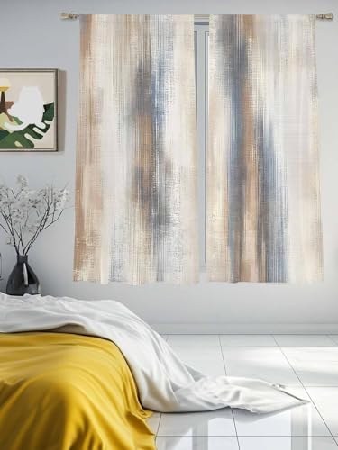 Beige Gray Sheer Curtains 63 Inch Length 2 Panels, Abstract Grunge