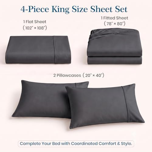 Luxury 4Pc King Size Sheets Set, 100% Cotton Sateen (Charcoal Grey)
