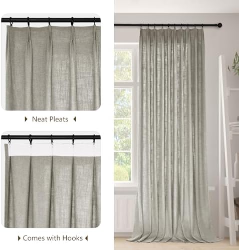cololeaf Grey Curtains 52" Wx108 L Extra Long Linen Textured Pinch