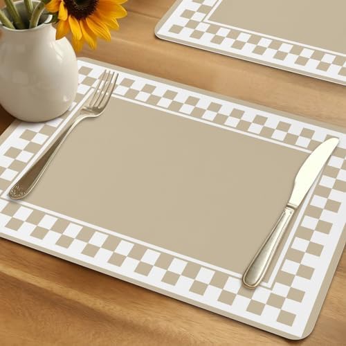 Taupe Checker Frame Leather Placemats Set of 6,12x18 Inch,Vintage