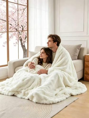 White Bubble Faux Rabbit Fur Throw Blanket King 90x108