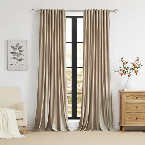 100% Full Blackout Champagne Beige Polyester Velvet Curtains 96 inch