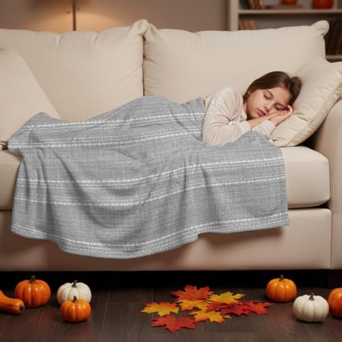 Flannel Fleece Blanket 60" x 80", Grey Stripe Microfiber Cozy Soft