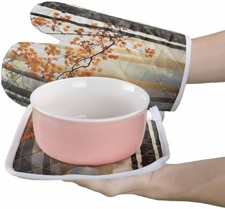 Quilted Cotton Terry Cloth Oven Mitt, Pot Holder Maple Forest Light