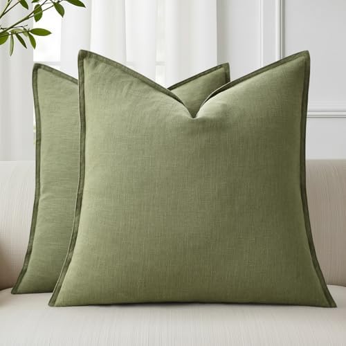 decorUhome Fall Olive Green Linen Throw Pillow Covers 22x22 Set of 2