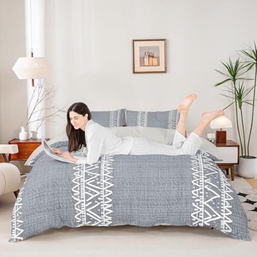 3 Pieces Grey Duvet Cover Queen,Bohemian Triangle Bedding Set