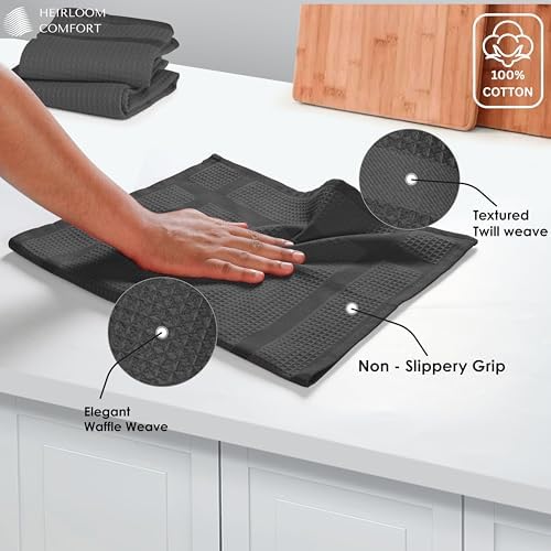 Gray Waffle Kitchen Towels with Hanging Loop, 5 Pack, 100% Cotton