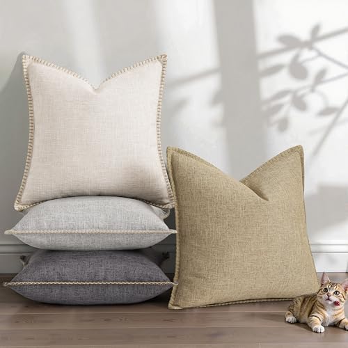 decorUhome Beige Faux Linen Outdoor Throw Pillow Covers 20x20 Set of 2