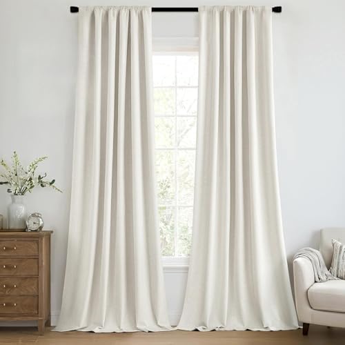 MIULEE 100% Blackout Back Tab Pleat Linen Curtains 50" Wx96 L,Ivory