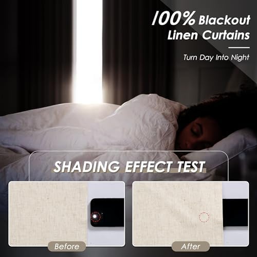 Beige 100% Blackout Linen Curtains 108 Inches Long for Bedroom Back