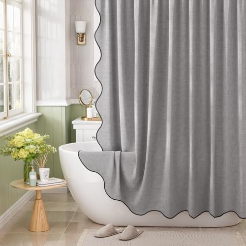 Bathway Modern Scalloped Shower Curtain Linen Textured, Light Gray